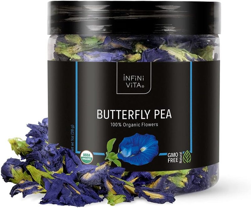 Infini Vita Dried Butterfly Pea Flower Tea 28g (1 oz) - 100% Organic Blue Tea, Pure, Non-GMO, Gluten Free - Natural Energy Booster and Relaxing Beverage - Image 1
